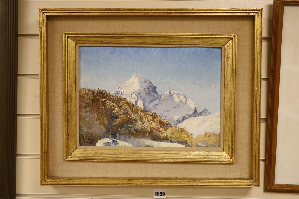 Holroyd Pearce (1901-1990), oil on board, Alpine scene from Pontresina, signed, 24 x 34cm
